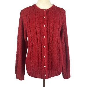 Jennifer Moore Red Knit Cardigan Sweater Pearl Button Front Womens Medium